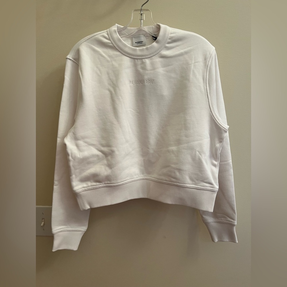 Burberry White Logo‎ Embroidered Cropped Crewneck | White | Size Small | NWT